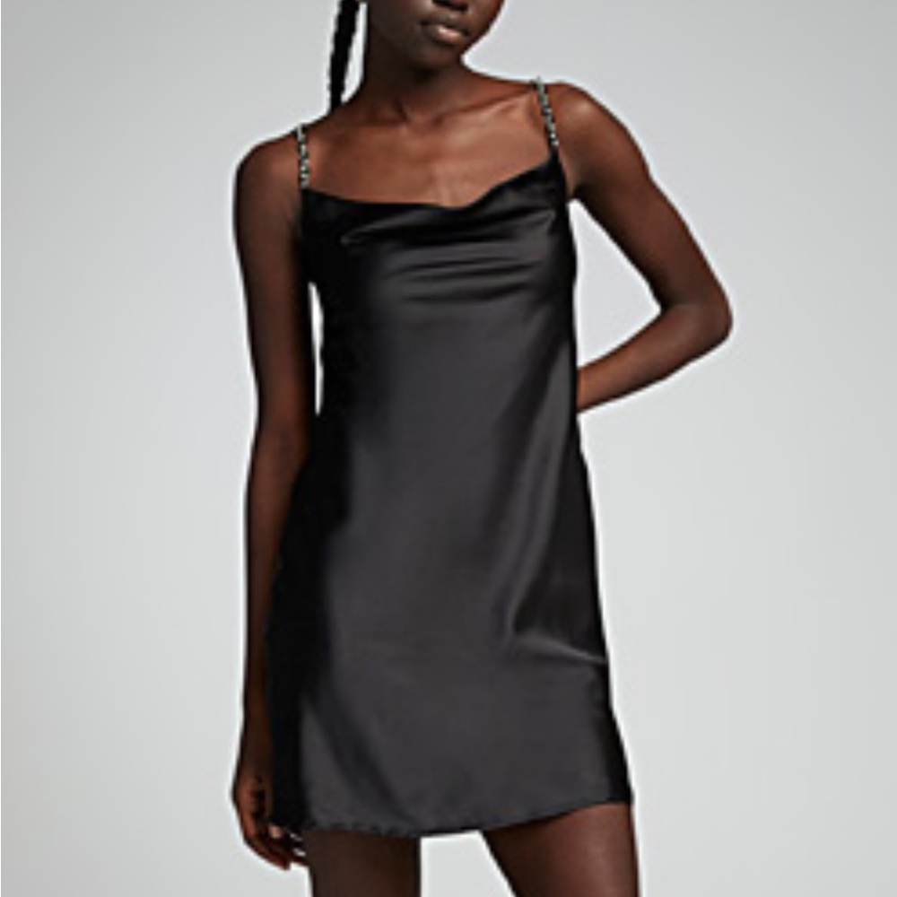 Black satin slip dress with rhinestone and pearl details and bows